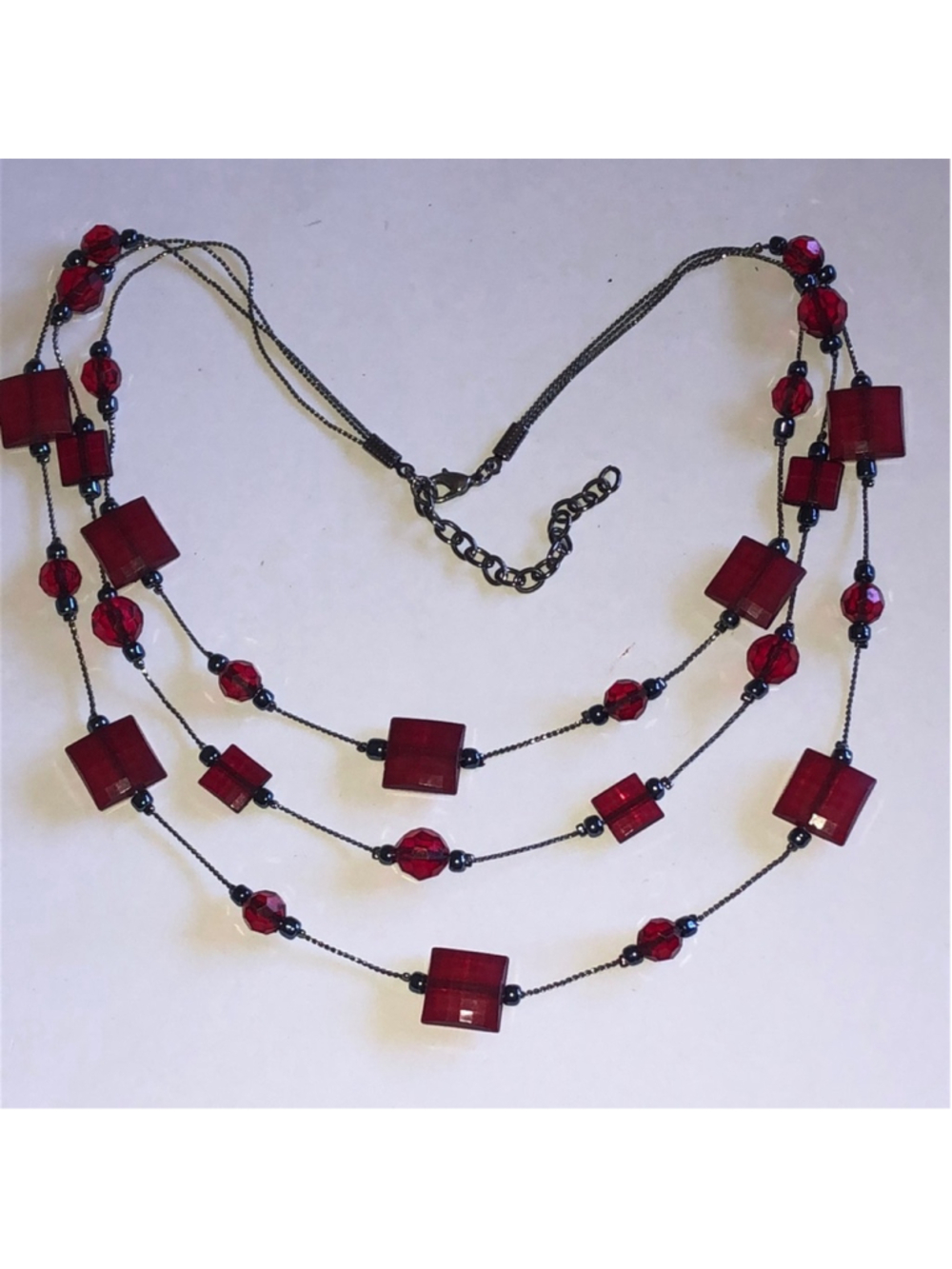 Elegant Dark Metal and Red Beaded Boho Multi Strand Necklace